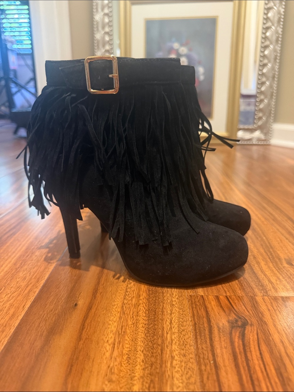 Black Suede Fringe Stiletto Ankle Boots with Gold Buckle